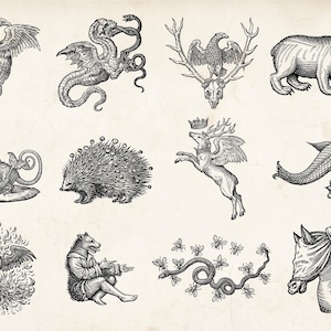 Op de afbeelding: Een verzameling vintage illustraties met mythische wezens en dieren. De zwart-wit tekeningen omvatten een draak, een beer, een gevleugeld hert, een feniks, een paard en een slang met bijen.