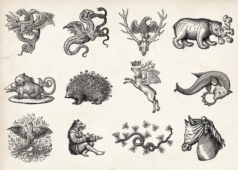 Op de afbeelding: Een verzameling vintage illustraties met mythische wezens en dieren. De zwart-wit tekeningen omvatten een draak, een beer, een gevleugeld hert, een feniks, een paard en een slang met bijen.
