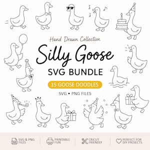 May include: A collection of 15 hand-drawn goose doodles in SVG and PNG file formats. The image features various geese with party hats, bow ties, sunglasses, and gifts. Text includes "Silly Goose SVG Bundle" and "Perfect for DIY Projects."