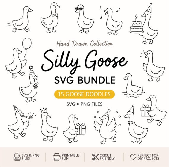 Silly Goose SVG Bundle – 15 Funny Goose Clipart, Party & Cute Goose Doodles, PNG SVG for Cricut, Stickers and Crafts