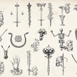 Op de afbeelding: Een verzameling zwart-wit illustraties van diverse objecten met een middeleeuws thema. De afbeeldingen bevatten zwaarden, pijlen, een slang, een hand, een skelet, een harp en andere decoratieve elementen. De stijl doet denken aan oude gravures.