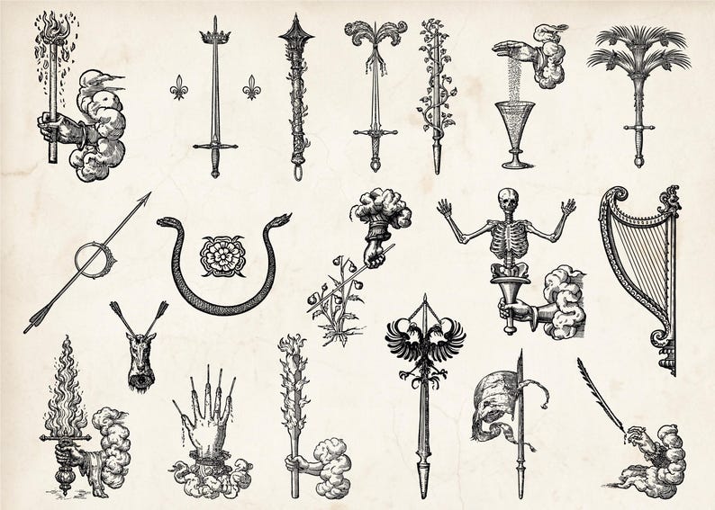 Op de afbeelding: Een verzameling zwart-wit illustraties van diverse objecten met een middeleeuws thema. De afbeeldingen bevatten zwaarden, pijlen, een slang, een hand, een skelet, een harp en andere decoratieve elementen. De stijl doet denken aan oude gravures.