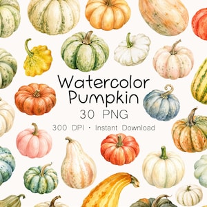 Watercolor Pumpkin PNG Bundle, 30 Heirloom Pumpkin and Gourd Clipart, Pastel Fall Harvest, Thanksgiving Digital Download