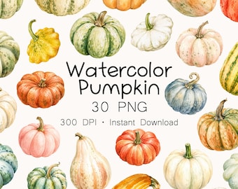 Watercolor Pumpkin PNG Bundle, 30 Heirloom Pumpkin and Gourd Clipart, Pastel Fall Harvest, Thanksgiving Digital Download
