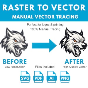 May include: An image demonstrating raster to vector conversion, showing a wolf head before and after. Text reads "RASTER TO VECTOR" and "MANUAL VECTOR TRACING". File types included are SVG, PDF, AI, and PNG. The image is suitable for logos and printing.