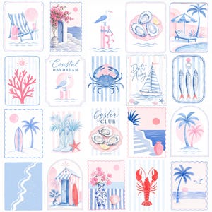 May include: A collection of watercolor illustrations with a coastal theme. The images feature beach scenes, marine life, and nautical elements in shades of blue, pink, and white. Includes images of a crab, oysters, and a sailboat.