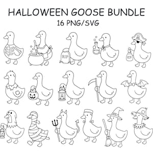 May include: A collection of 16 black and white line art illustrations titled HALLOWEEN GOOSE BUNDLE 16 PNG/SVG. The graphics feature geese in various costumes including a skeleton, a witch with a broom, a mummy, a pirate, and a devil with a trident.