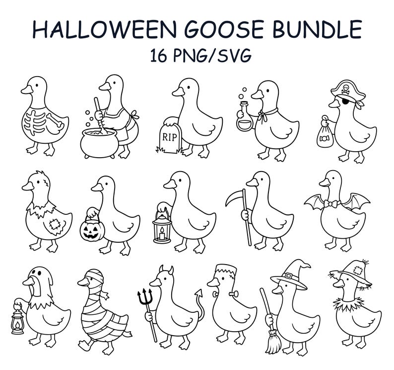 May include: A collection of 16 black and white line art illustrations titled HALLOWEEN GOOSE BUNDLE 16 PNG/SVG. The graphics feature geese in various costumes including a skeleton, a witch with a broom, a mummy, a pirate, and a devil with a trident.