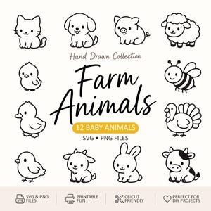 May include: Black and white line art illustrations of 12 baby farm animals, including a cat, dog, pig, sheep, chick, duck, bee, turkey, goat, rabbit, and cow. The text "Farm Animals" is displayed in a handwritten font.