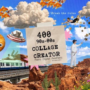 Può includere: Un collage digitale con una nota centrale contenente il testo 400 90s-00s COLLAGE CREATOR Retro Digital Aesthetic DreamoraArt. La scena include un treno su un ponte, un gatto in un UFO, pesci rossi, una persona che dipinge stelle e paesaggi desertici.