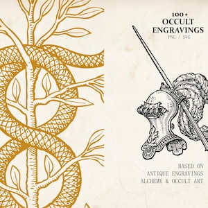 Op de afbeelding: Digitale kunst met twee illustraties. E&eacute;n toont een gouden slang rond een boom met bladeren. De andere is een gedetailleerde zwart-wit tekening van een helm en een speer. Tekst luidt "100+ OCCULT ENGRAVINGS" en "BASED ON ANTIQUE ENGRAVINGS ALCHEMY & OCCULT ART."