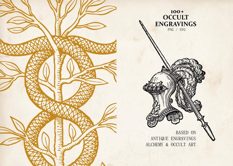 Op de afbeelding: Digitale kunst met twee illustraties. E&eacute;n toont een gouden slang rond een boom met bladeren. De andere is een gedetailleerde zwart-wit tekening van een helm en een speer. Tekst luidt "100+ OCCULT ENGRAVINGS" en "BASED ON ANTIQUE ENGRAVINGS ALCHEMY & OCCULT ART."
