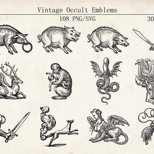 Op de afbeelding: Een verzameling vintage occulte emblemen in zwart-wit. De afbeelding toont illustraties van dieren, mythische wezens en symbolische objecten, waaronder een wild zwijn, een gevleugeld hert, een sfinx en een zwaard. De tekst "Vintage Occult Emblems" staat bovenaan.