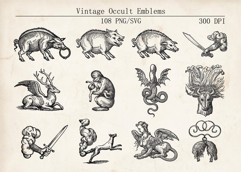 Op de afbeelding: Een verzameling vintage occulte emblemen in zwart-wit. De afbeelding toont illustraties van dieren, mythische wezens en symbolische objecten, waaronder een wild zwijn, een gevleugeld hert, een sfinx en een zwaard. De tekst "Vintage Occult Emblems" staat bovenaan.