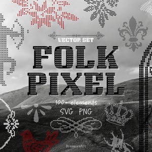 May include: A black and white digital art print featuring a variety of pixelated folk art elements. The design includes floral patterns, a deer, and the text "FOLK PIXEL" with "100+ elements SVG PNG". The background is a grayscale landscape.