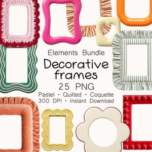 Decorative Frames PNG, 25 Pastel Wavy Border Clipart, Ruffle Quilted Photo Frame Elements, Cute Aesthetic Digital Stickers Sublimation