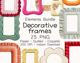 Decorative Frames PNG, 25 Pastel Wavy Border Clipart, Ruffle Quilted Photo Frame Elements, Cute Aesthetic Digital Stickers Sublimation