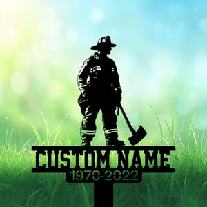 Custom Kneeling Fireman Memorial Metal Stake, Firefighter Memorial Plaque with Stake, Fire Firefighter Grave Maker, Fireman Cemetery Stake