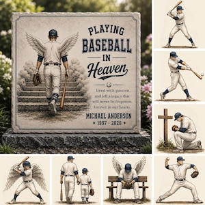 May include: A square stone memorial plaque featuring a baseball player with angel wings walking up stone stairs. The text reads: PLAYING BASEBALL IN HEAVEN, lived with passion, and left a legacy that will never be forgotten. Forever in our hearts. MICHAEL ANDERSON 1997 - 2026.