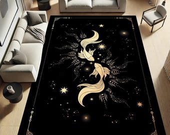 Koi Fish Rug, Koi Fish Area Rug,Ying Yang Koi Fish Rug,Turkish Rug With Japanese Symbolism Of Prosperity And Good Luck,Japanese Decor Rug