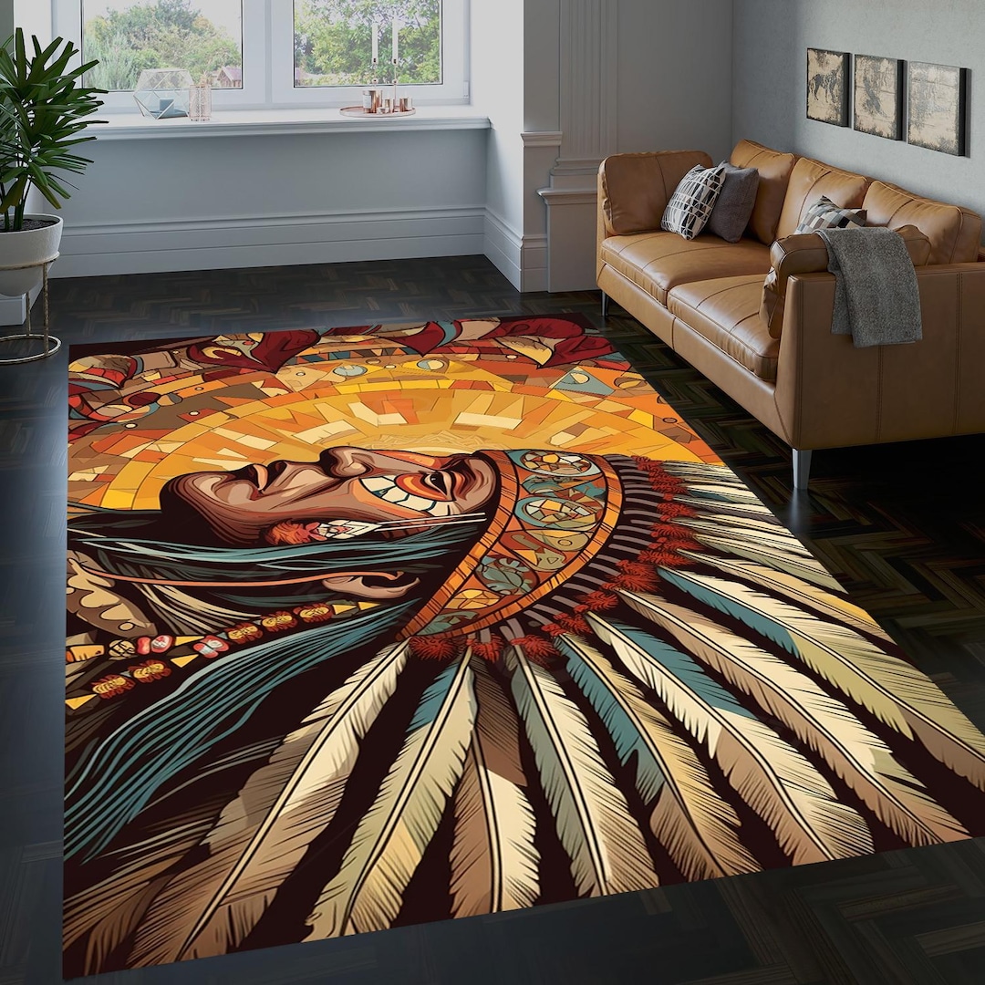 Native American Rug, American Man With Feathers & Sun Design, Tribal ...