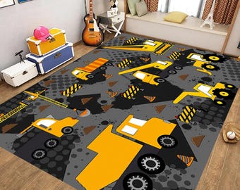Construction Truck Rug: Washable Kids Play Mat - Excavator & Bulldozer Rug