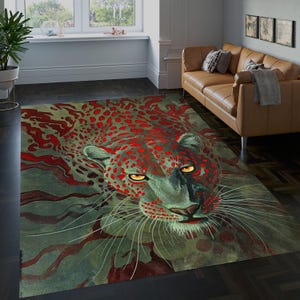 Botanical Tiger Leopard Print Rug, Rustic Wild Animal Rug, Unique Area Rug, Tiger Pattern Rug, Ethnical Plant Rug, Tiger Rug, Indian Rug