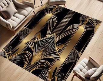 Black Gold Rug, Gold Striped Rug, Art Deco Rug, Gatsby Rug, Gold Lined Rug, Gold Deco Decor, Modern Area Rug Home Decor Bedroom Entryway Rug