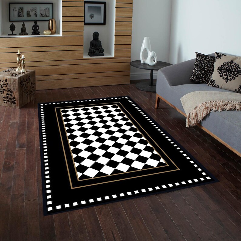 Checkered Rug, Black Border on Check Pattern Nonslip Area Rug, Black ...