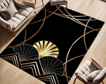 Black Gold Rug, Gold Striped Rug, Art Deco Rug, Gatsby Rug, Gold Lined Rug, Gold Deco Decor, Modern Area Rug Home Decor Bedroom Entryway Rug