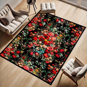 Hearthwarming gift, Gothic rug, Indoor rug, Flower print rug, Dark color rug, Cozy rug, Elegant rug, Non-slip rug, Machine washable rug
