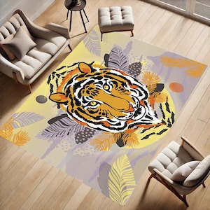 Tiger Rug •Tiger Printed Area Rug • Vibrant Machine Washable Persian Carpet With Bengal Tigers and Jungle Leaves • Gift for Home •Tiger Rugs