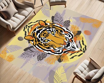 Tiger Rug •Tiger Printed Area Rug • Vibrant Machine Washable Persian Carpet With Bengal Tigers and Jungle Leaves • Gift for Home •Tiger Rugs