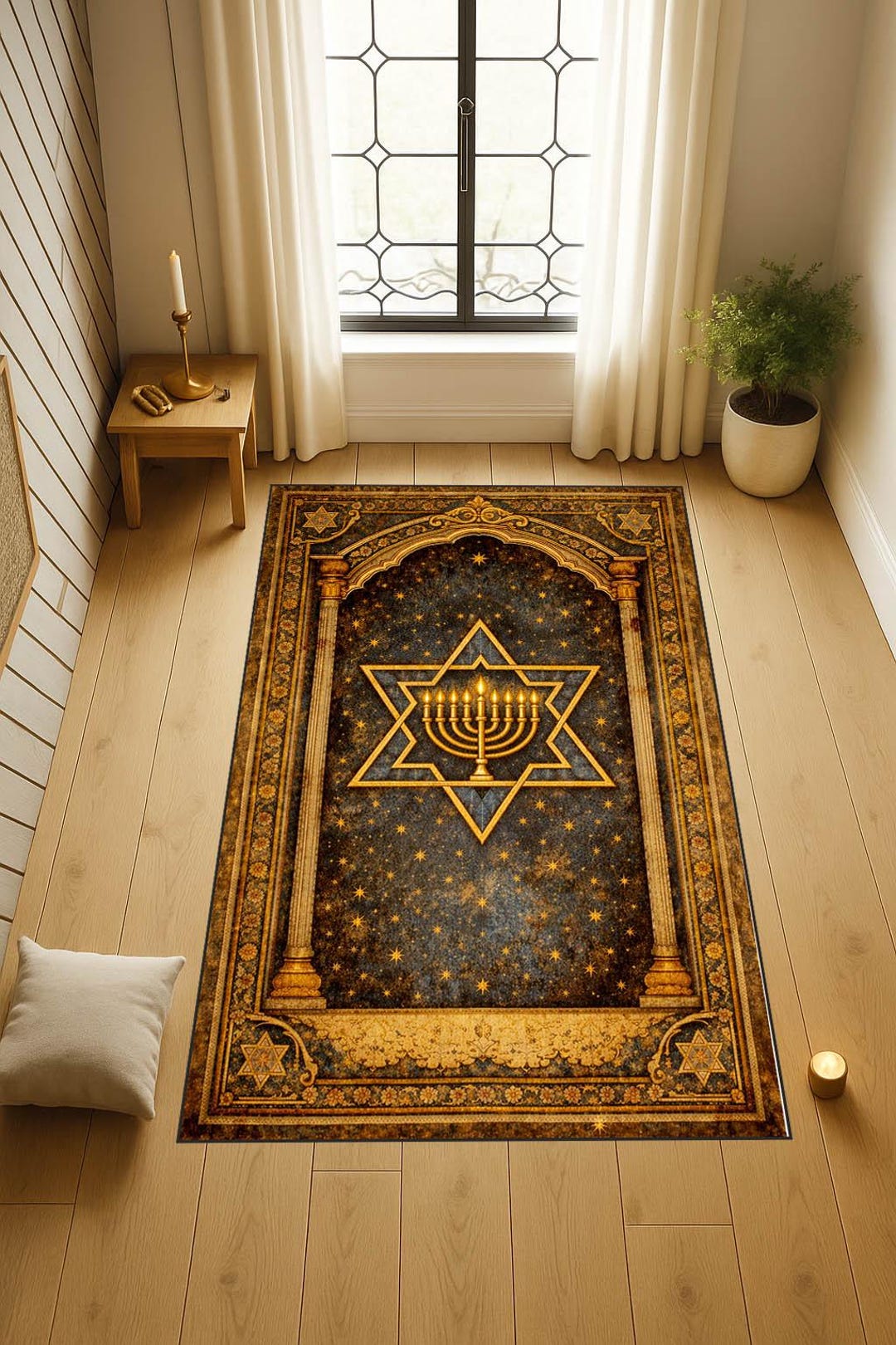 Judaica Rug Jewish Menorah Prayer Mat, Star of David Tallit Style Rug, Blue & Gold ...