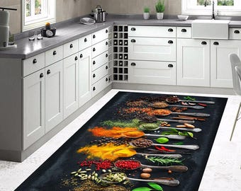 Vibrant Printed Kitchen Rug • Machine Washable Non-Slip Kitchen Rug • Top View of Colorful Spices • Gift For Kitchen