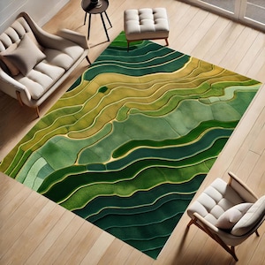 Green Landscape Rug, Earth Tone Nature-Inspired Area Rug for Living Room, Contemporary Art Floor Mat,Green Rug,Wavy Pattern Modern Carpet,
