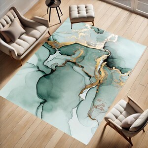 Green Marble Rug, Washable Rug, Personalized Rug, Silver And Blue Rug, Abstract Rug, Popular Carpet, Easy to Clean, Salon Decor Rugs Mat