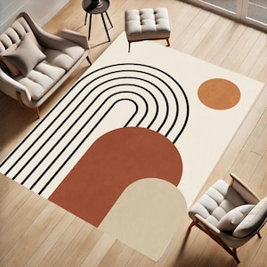 Alfombra geométrica minimalista retro con diseño moderno de arco naranja, lavable y antideslizante para sala de estar, estilo bohemio.