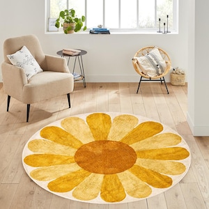 House Of Decor ,Sunburst Round Cotton Area Rug, Hand Tufted, Mustard & Ivory/Off-White, Nursery, Kids Decor,Multicolor Sun Round Wool Rug