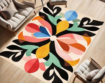 Colorful Abstract Rug,Modern Area Rug,Wavy Multicolor Floor Art for Living Room,Colorful Rug,Living Room Rug,Anti-Slip Rug,Washable Rug