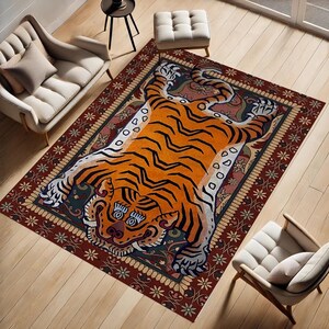 Tibetian Tiger Rug,Tiger Rug,Pink Rug,Living Room Carpets,Non-slip Rugs,Washable Rectangle Rug,Area Rug,Housewarming Gift,Dining Room Carpet