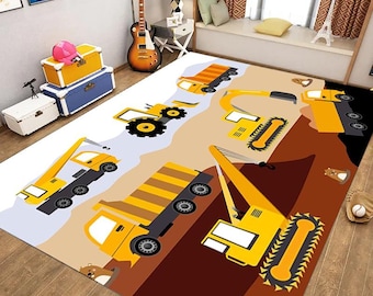 Construction Truck Rug: Washable Kids Play Mat - Excavator & Bulldozer