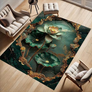Vintage Botanical Floral Rug for Living Room, Dark Green and Gold Leaf Carpet, Elegant Nature Inspired Area Rug, Arts and Crafts Style Decor