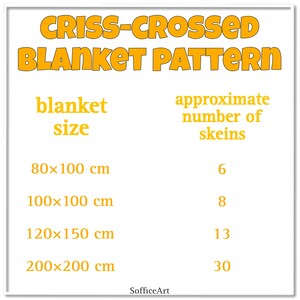 Pu&ograve; includere: Un grafico con il titolo "Criss-Crossed Blanket Pattern" mostra il numero approssimativo di gomitoli di filo necessari per diverse dimensioni di coperte. Le dimensioni sono elencate in centimetri: 80x100 cm, 100x100 cm, 120x150 cm e 200x200 cm. Il numero corrispondente di gomitoli &egrave; 6, 8, 13 e 30.