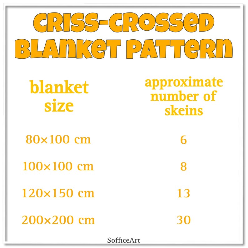 Pu&ograve; includere: Un grafico con il titolo "Criss-Crossed Blanket Pattern" mostra il numero approssimativo di gomitoli di filo necessari per diverse dimensioni di coperte. Le dimensioni sono elencate in centimetri: 80x100 cm, 100x100 cm, 120x150 cm e 200x200 cm. Il numero corrispondente di gomitoli &egrave; 6, 8, 13 e 30.