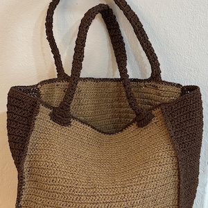 Bolso de ganchillo hecho a mano XL, bolso de paja de mimbre marrón, bolso grande de playa de verano.