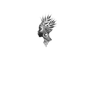 Peut inclure: Illustration en noir et blanc d'un visage de femme avec des motifs géométriques complexes et une couronne de feuilles.