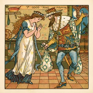 エドマンド・エヴァンスによる「善きアーサー王」のオリジナルイラストの印刷物。1876年頃。『ベイビーズ・オペラ』より