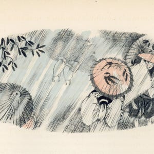 May include: A black and white illustration of people walking in the rain. The people are wearing traditional Japanese clothing and carrying umbrellas. The illustration is done in a sketchy style and has a whimsical feel.