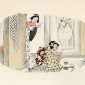 May include: Two women in traditional Japanese clothing stand in a room. One woman is wearing a black and white kimono and a black hat. The other woman is wearing a black and white kimono with a red and white pattern and a black hat. The woman in the black and white kimono is looking at the other woman. The woman in the black and white kimono with a red and white pattern is looking at a painting on the wall. The painting depicts a woman in a white kimono standing in a garden.